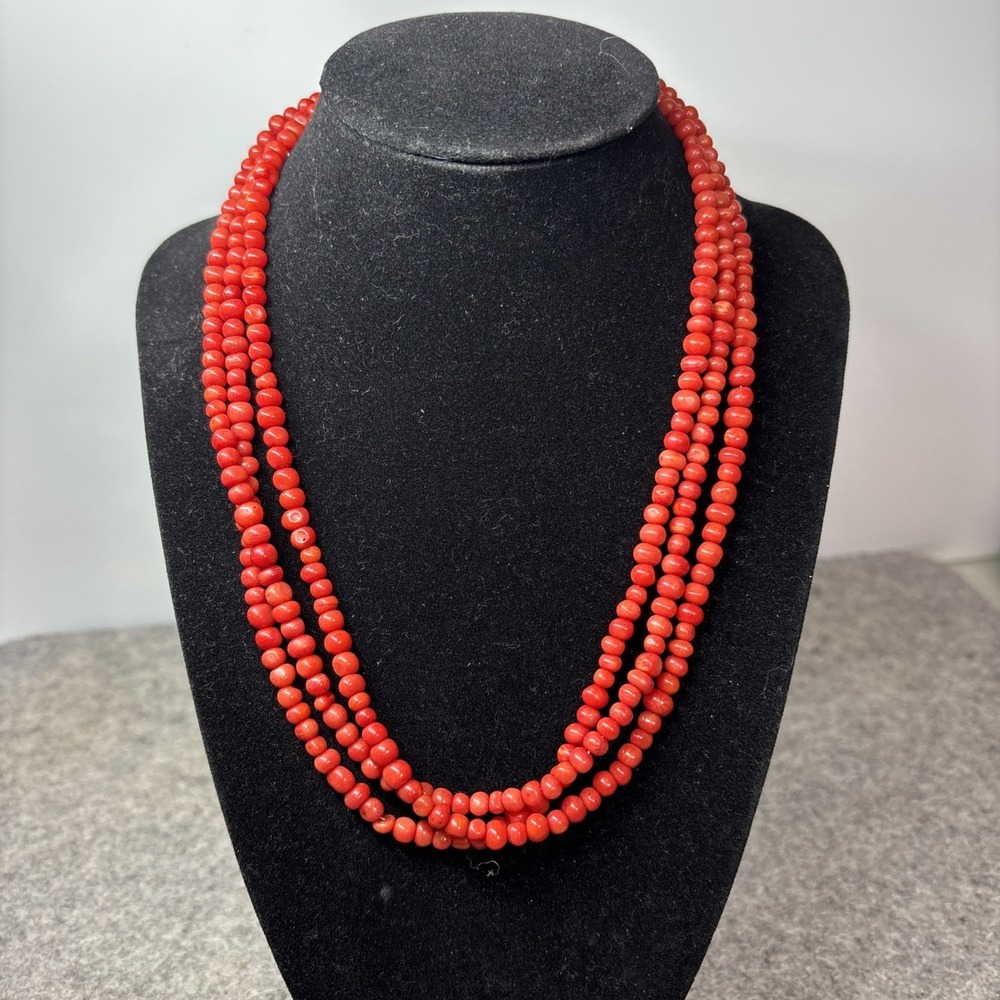 Mine Finds Jay King Three Strand Red Coral Bead Necklace Sterling Silver Clasp